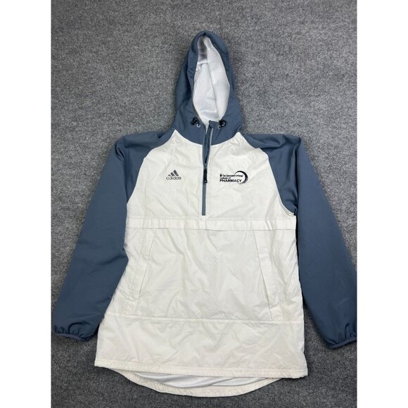 Adidas Pullover Windbreaker Men's L White Blue 1/4 Zip Jacket Hooded Pockets - Picture 1 of 8